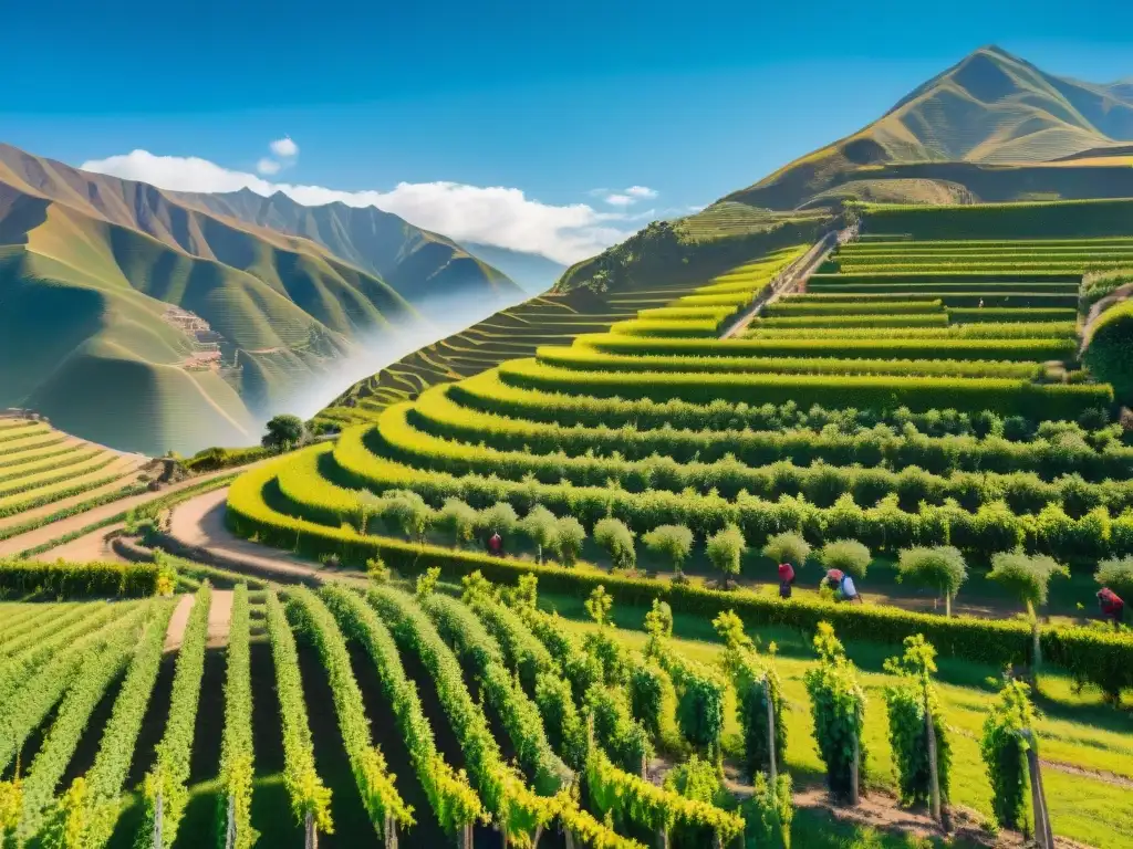 Viñedos emblemáticos de Perú: Detallada imagen de un viñedo pintoresco en las colinas peruanas, con agricultores locales