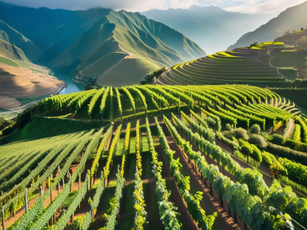 Los viñedos emblemáticos de Perú se despliegan en el valle, con los Andes de fondo y trabajadores cuidando las uvas