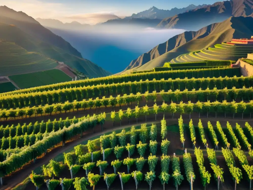 Vinedos peruanos al atardecer con agricultores locales cosechando uvas, Andes al fondo