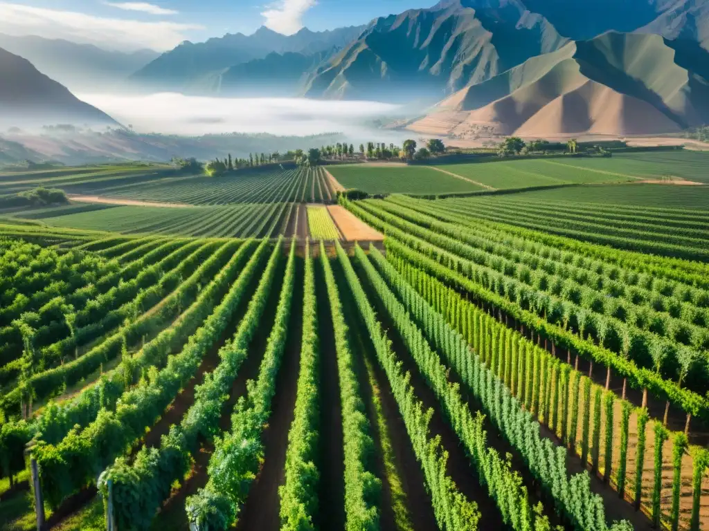 Vinedos verdes en el árido paisaje peruano con los Andes al fondo