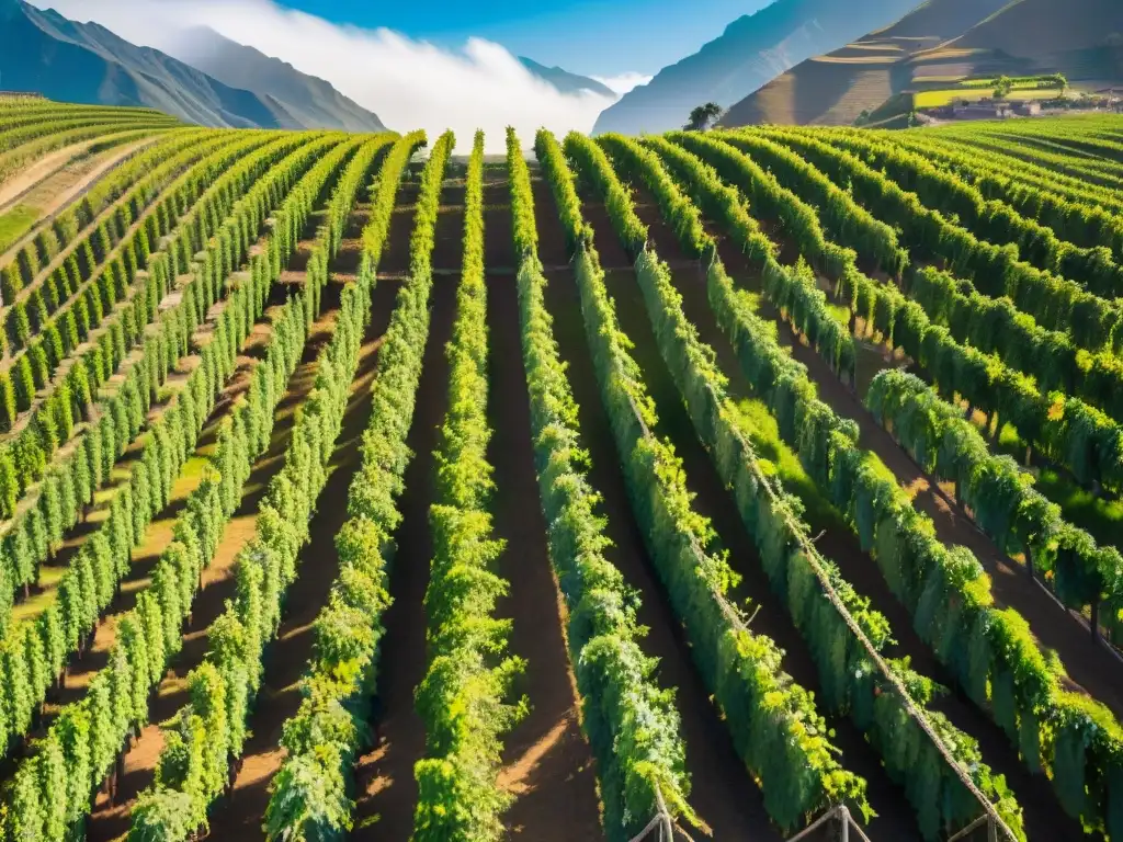 Vinedos verdes en Ica, Perú, bajo cielo azul con trabajadores cosechando uvas