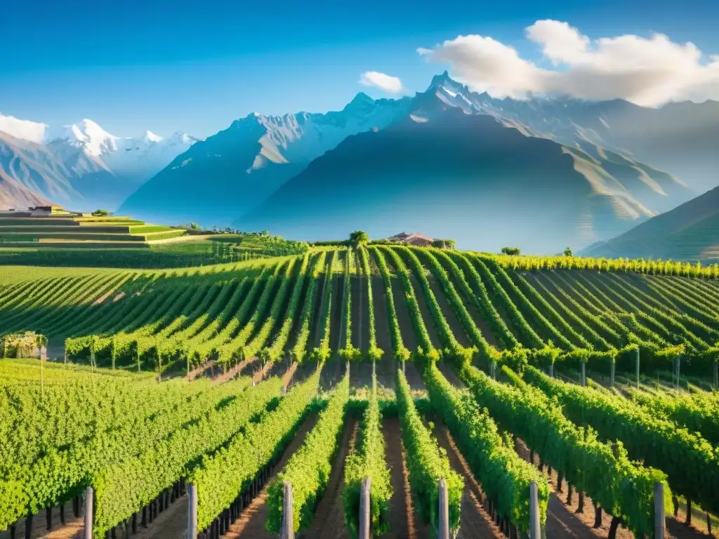 Vinedos verdes infinitos bajo cielo azul, Andes de fondo