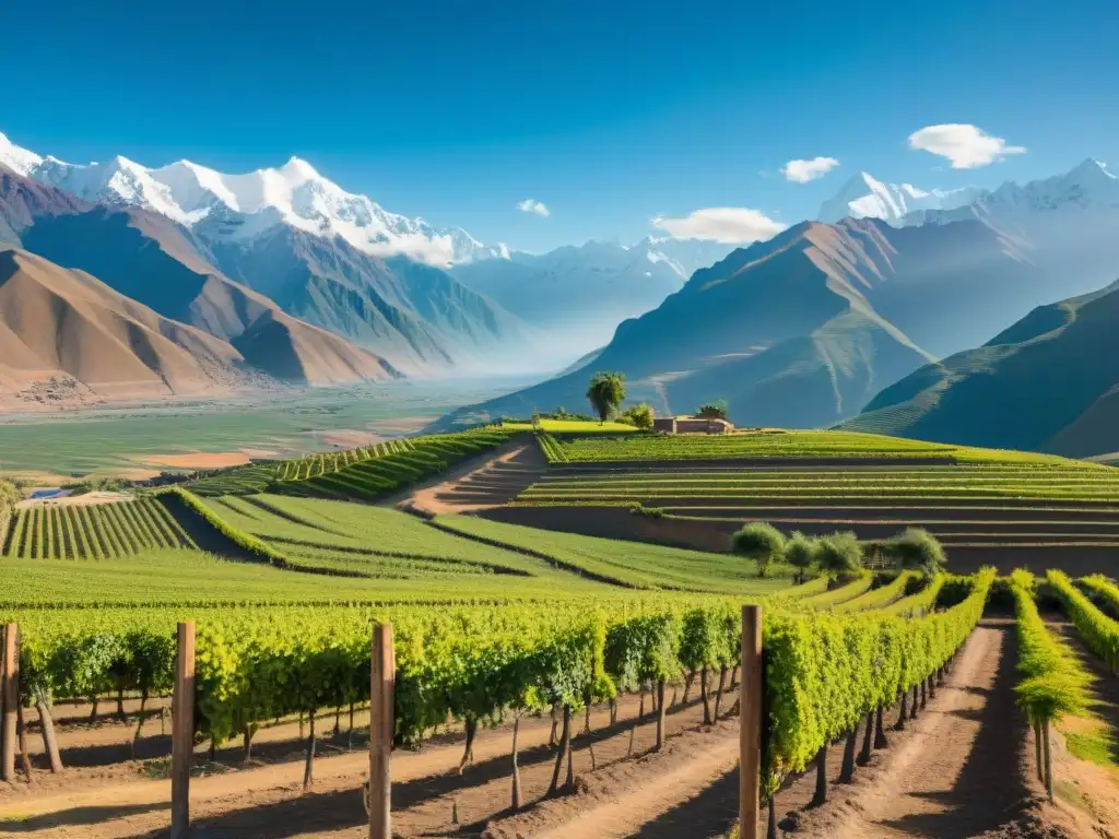 Viñedos verdes en paisaje peruano, uvas listas para cosechar, Andes nevados de fondo y destilería artesanal