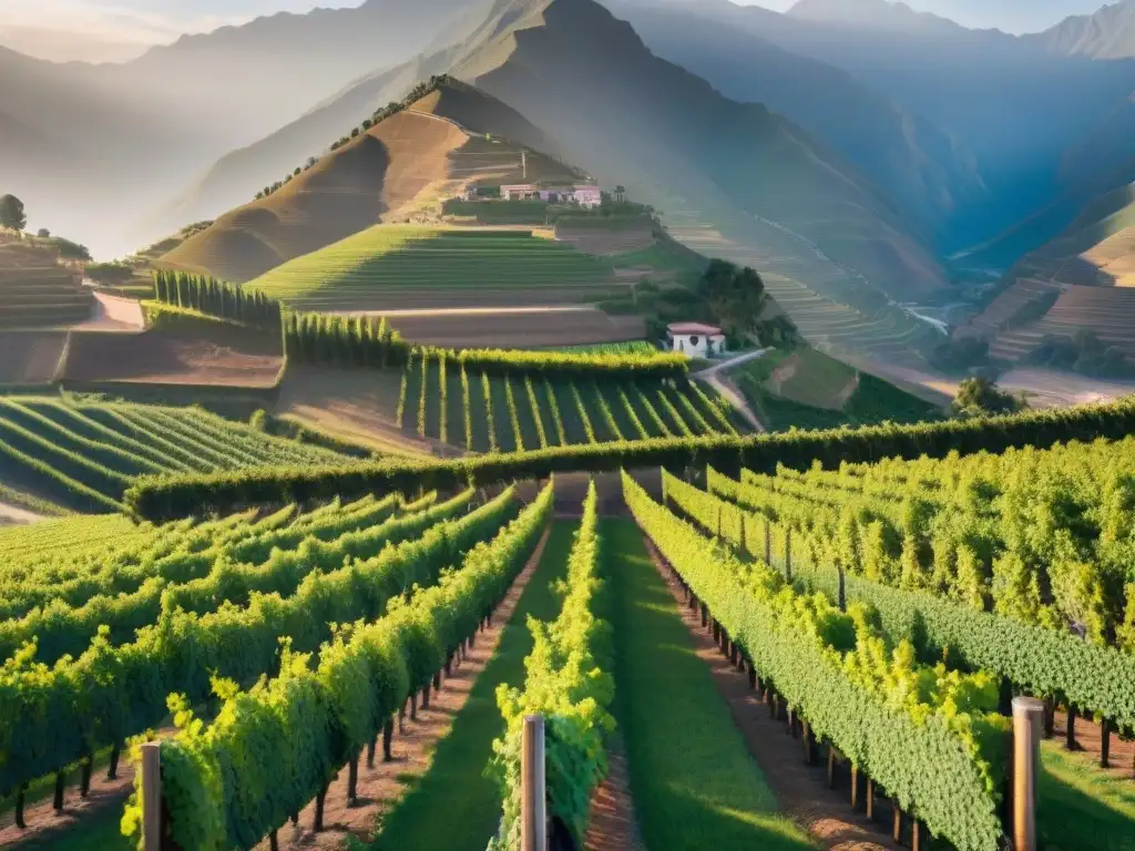 Producción de vino en Perú: Viñedo peruano al amanecer, con viñedos verdes y los Andes de fondo, fusionando técnicas ancestrales y tecnología moderna