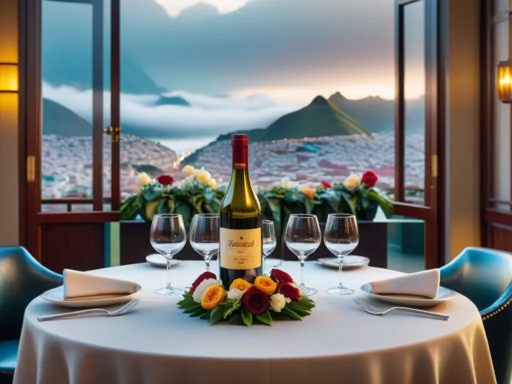 Vinos para cena de lujo en Lima: Elegante mesa de restaurante con vino tinto y ambiente sofisticado