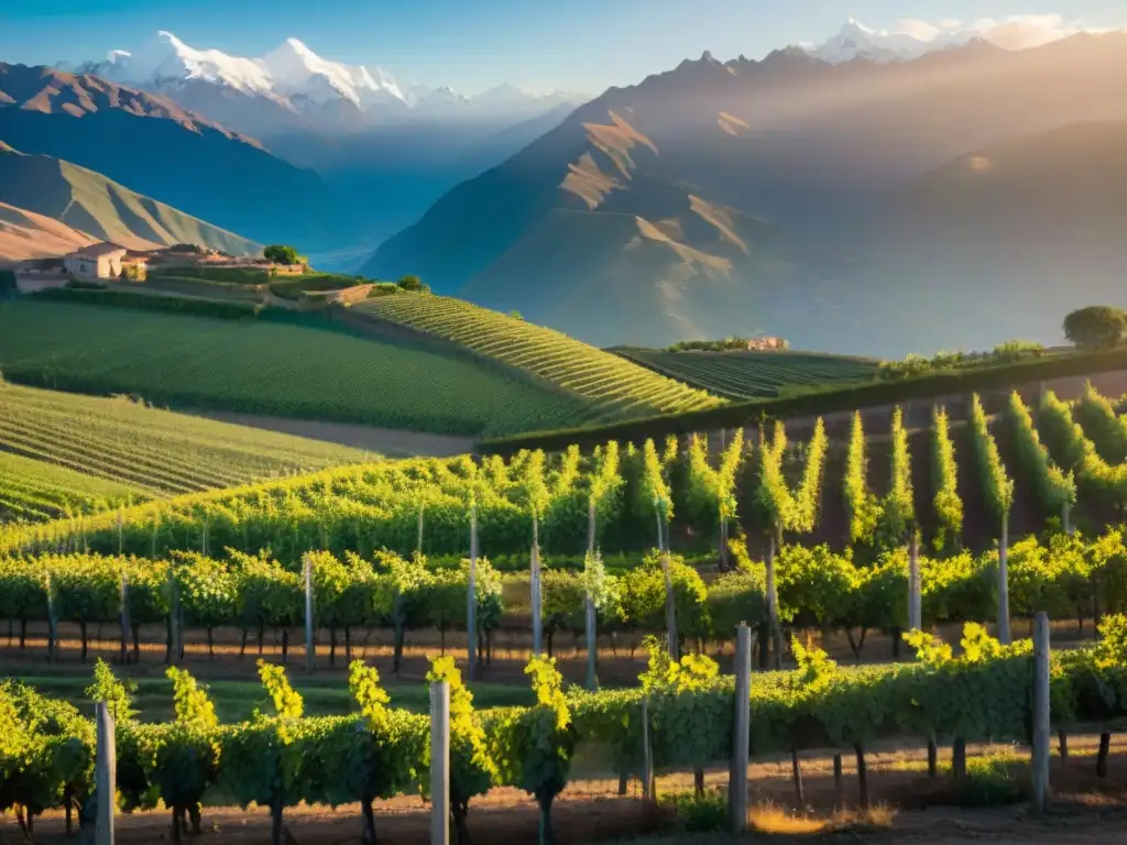 Vinos peruanos viñedos andinos: Atardecer dorado en paisaje de viñedos, con nevadas cumbres de los Andes al fondo