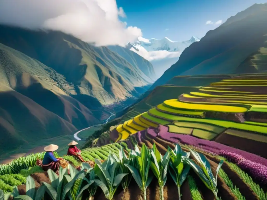 Vista aérea de los Andes con agricultor peruano recolectando ingredientes autóctonos para la gastronomía peruana