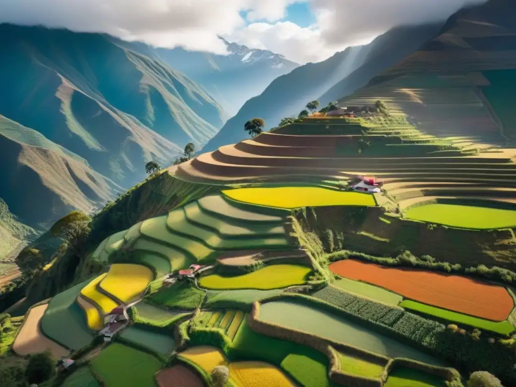 Vista aérea de los Andes en Apurímac con terrazas de cultivo de quinua y papas