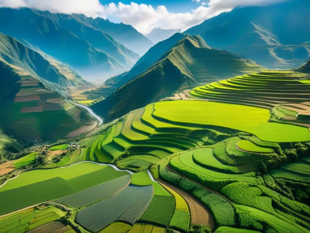 Vista aérea de campos escalonados en los Andes peruanos, mostrando desafíos y soluciones sostenibles en la agricultura peruana