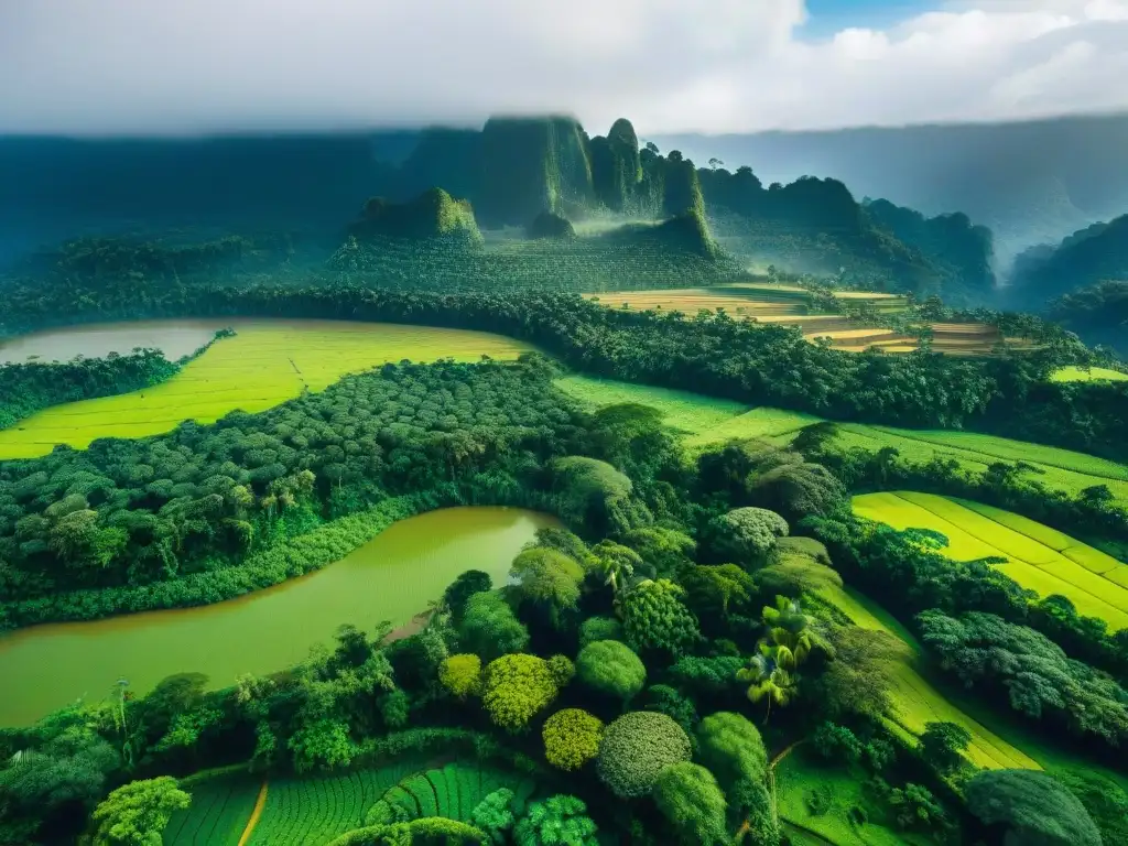 Vista aérea de campos verdes en la selva amazónica peruana, destacando prácticas de agricultura sostenible y diversidad de cultivos