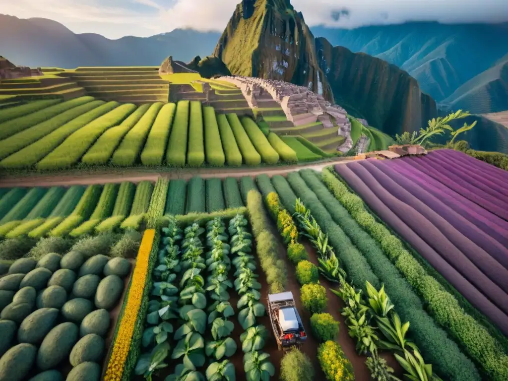 Dron sobrevuela campos de Perú con ingredientes típicos al atardecer Vista aérea de drone entregando ingredientes frescos para cocina peruana en campos verdes con Andes al fondo al atardecer