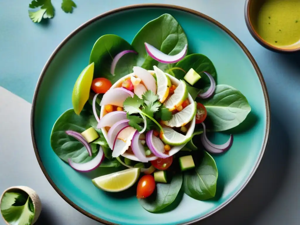 Una vista aérea de un exquisito ceviche peruano en restaurante internacional