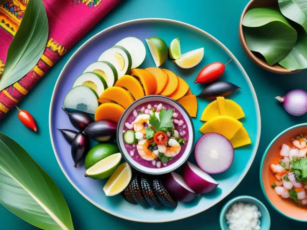 Una vista aérea de un exquisito plato de ceviche peruano rodeado de ingredientes autóctonos, plasmando la biodiversidad culinaria del Perú