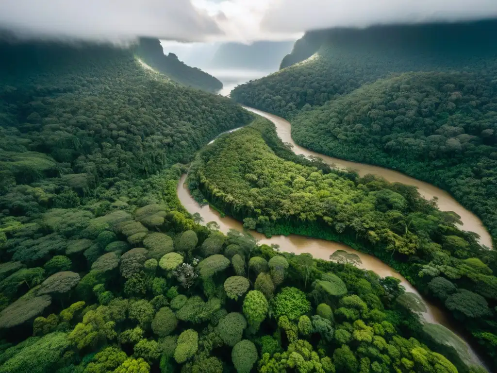 Vista aérea de la exuberante selva peruana, con el río serpenteando entre la vegetación, reflejando los rayos dorados del sol