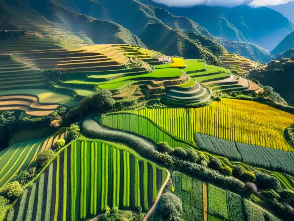 Vista aérea exuberante y vibrante de campos escalonados en los Andes de Perú, ejemplificando la agricultura sostenible en Perú