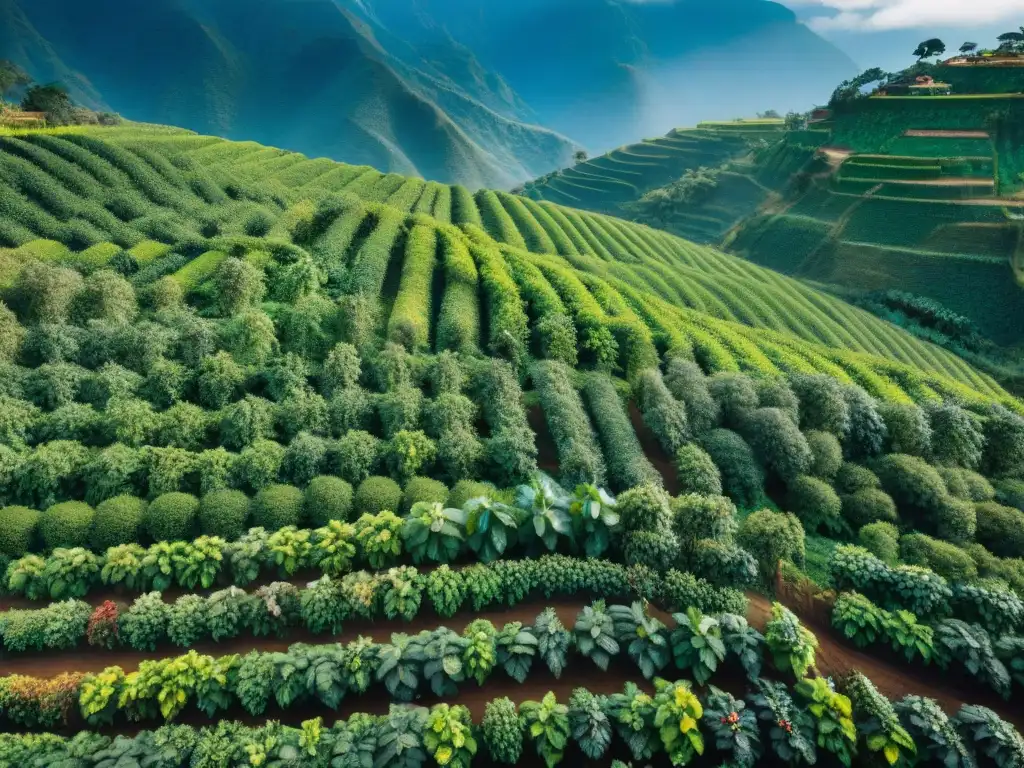 Vista aérea impresionante de cafetales verdes en los Andes peruanos, donde agricultores recolectan los mejores granos de café peruano