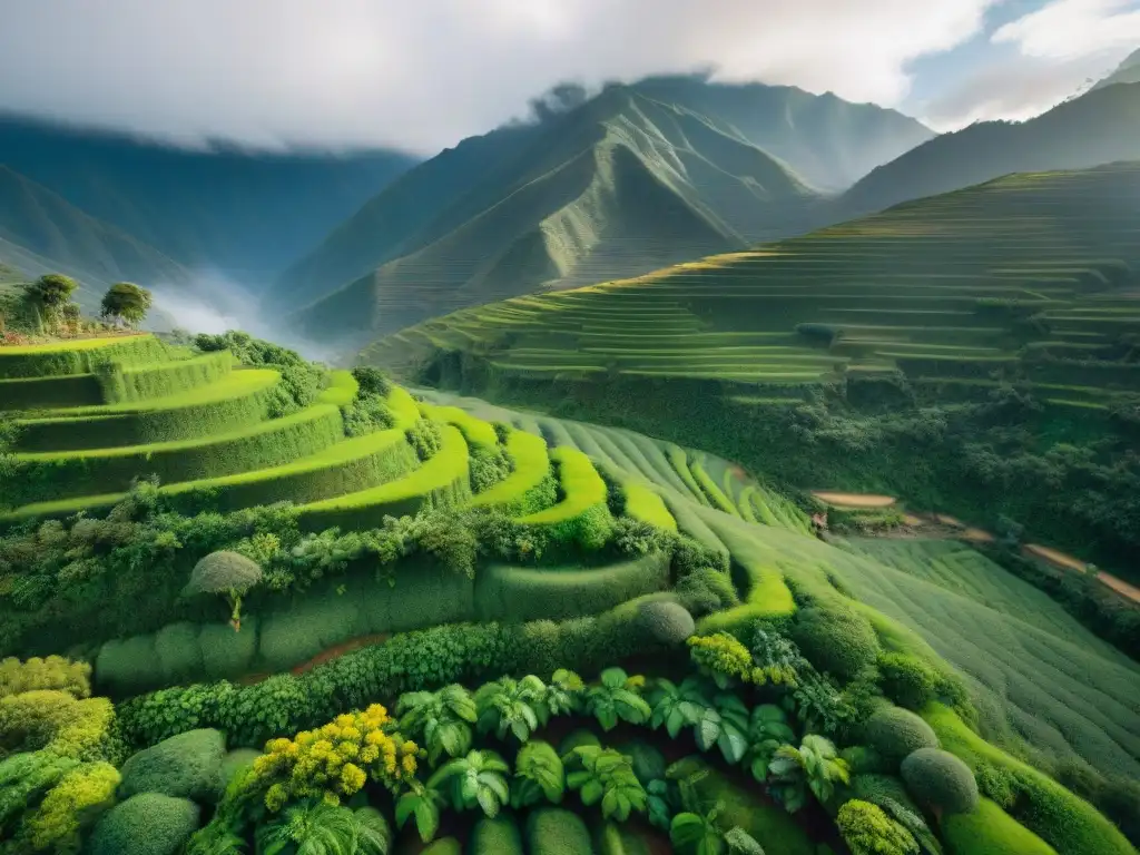 Vista aérea impresionante de cafetales verdes en los Andes peruanos, donde se destaca la tradición de cosechar café