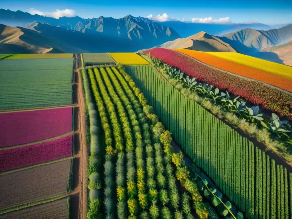 Vista aérea impresionante de campos coloridos en los Andes peruanos, resaltando la quinua y la conservación de superalimentos peruanos con tecnología