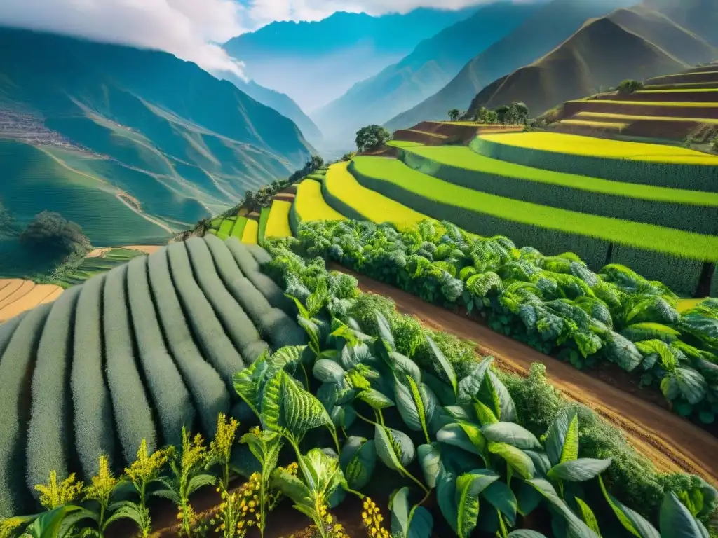 Vista aérea impresionante de campos de quinua verde en Perú con los Andes de fondo