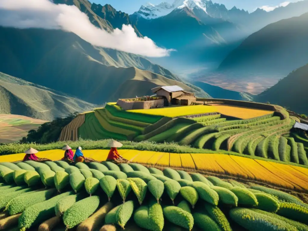 Una vista aérea impresionante de los campos vibrantes de quinua en los Andes peruanos, con agricultores locales en trajes tradicionales cosechando el superalimento frente a majestuosas montañas nevadas