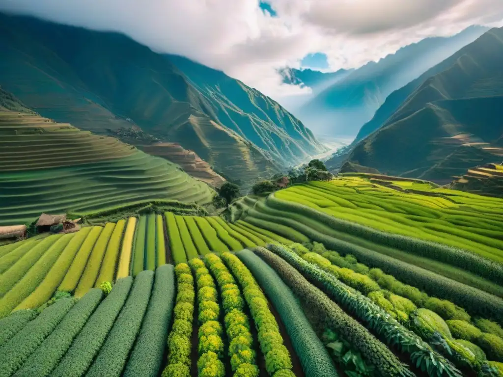 Vista aérea impresionante de campos agrícolas verdes en Perú, con prácticas agrícolas sostenibles