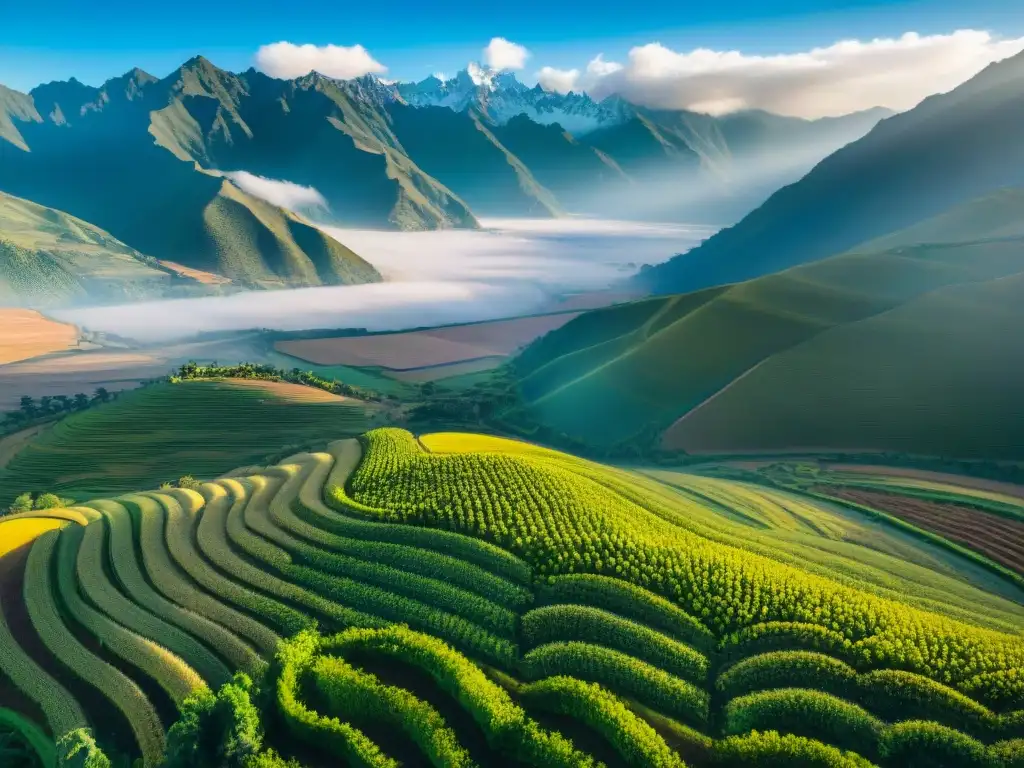 Vista aérea impresionante de campos de quinua vibrantes en Perú con los Andes de fondo bajo un cielo azul claro