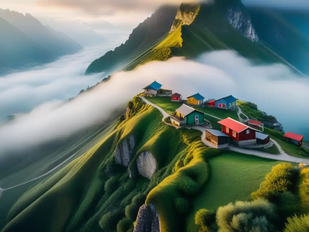 Vista aérea impresionante de casas coloridas en acantilados de una cadena montañosa, mostrando la influencia de la altitud en los platos