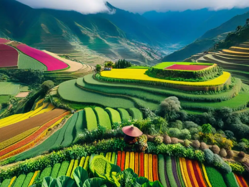 Vista aérea impresionante de la exuberante agricultura sostenible y gastronomía en Perú