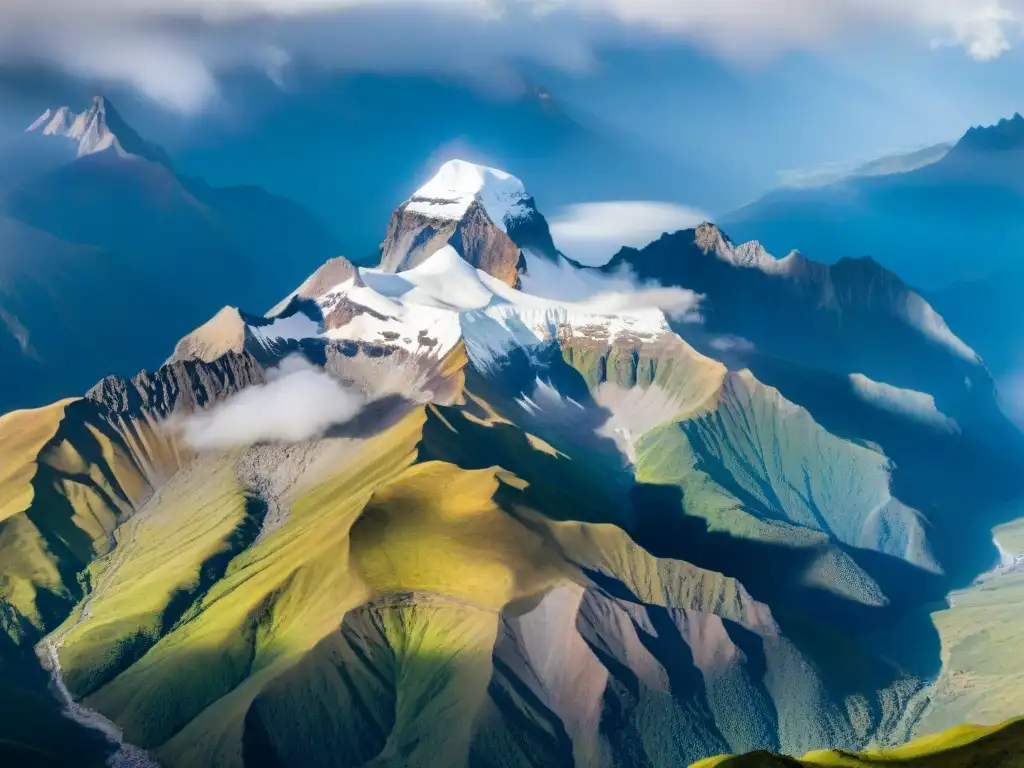 Vista aérea impresionante de los picos nevados de los Andes, ríos serpenteantes y vegetación exuberante