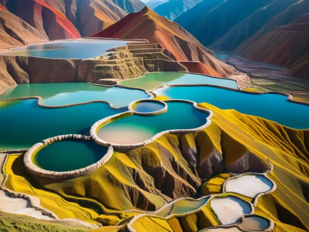 Vista aérea impresionante de terrazas de sal en Maras, Perú, con colores vibrantes y montañas andinas de fondo