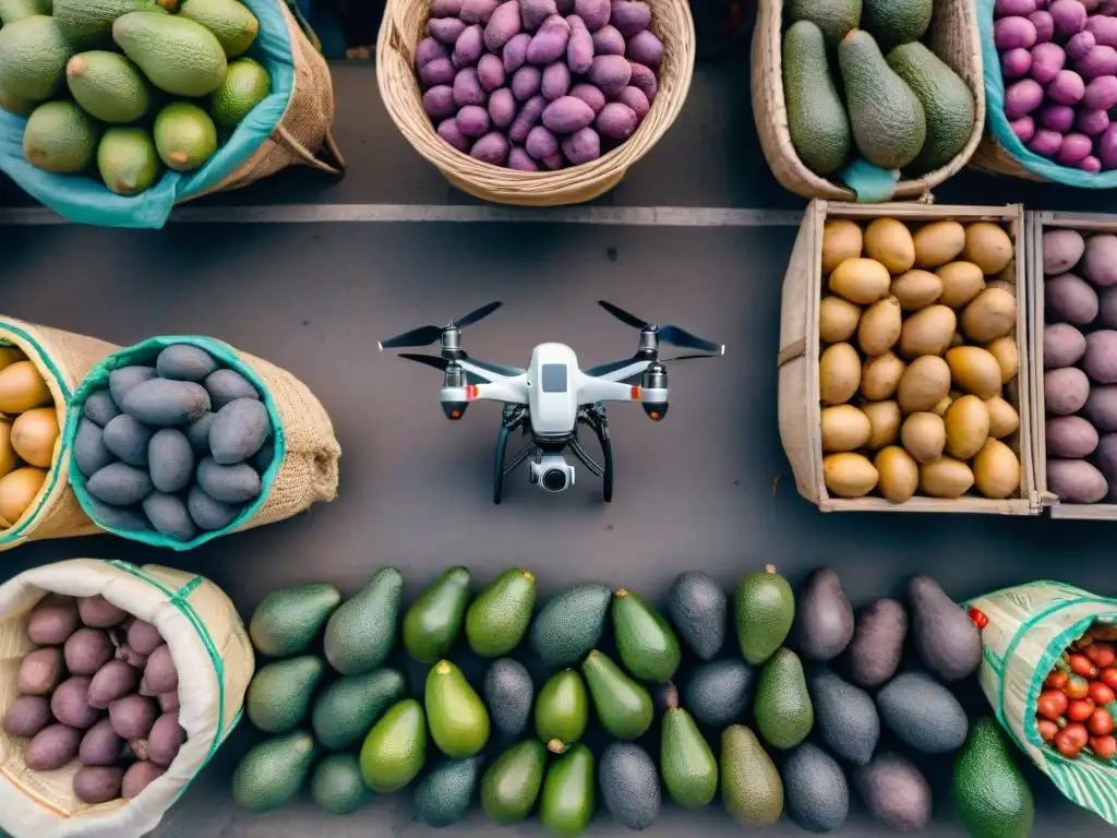 Mercado vibrante de Lima: colores y sabores frescos desde las alturas Vista aérea de mercado peruano con ingredientes frescos