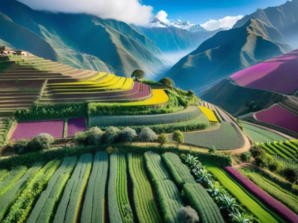 Vista aérea de biodiversidad cultivos peruanos sostenibles en granja colorida, Andes