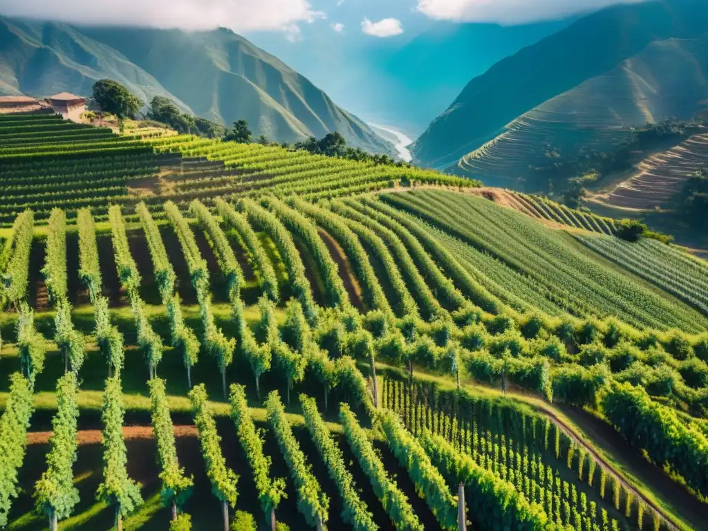 Vista aérea de los viñedos exuberantes en la región de Ica, Perú, destacando el origen del Pisco Sour Peruano entre los Andes