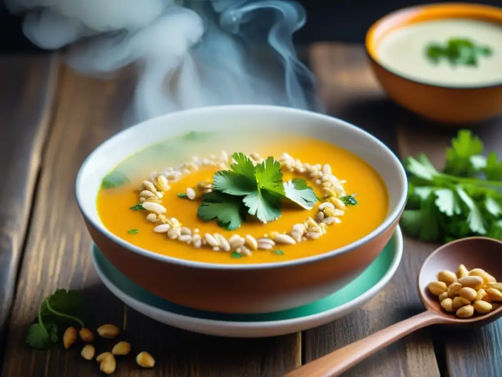 Una vista cercana de una deliciosa Sopa de Inchicapi con maní, decorada con cilantro fresco en un tazón de cerámica sobre una mesa de madera rústica