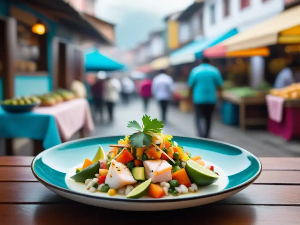 Vista de un ceviche peruano moderno en presentación elegante en un mercado callejero de Lima, capturando la esencia de la cocina peruana moderna