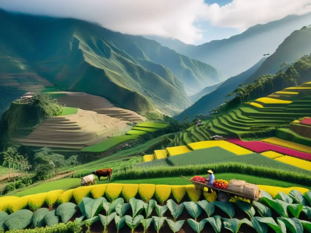 Vista detallada de la agricultura sostenible en Perú, con diversidad de cultivos y paisajes andinos