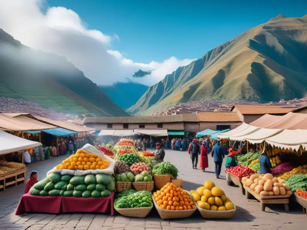 Vista detallada de un animado mercado en Cusco, Perú, con productos frescos, vendedores locales y la majestuosidad de los Andes al fondo