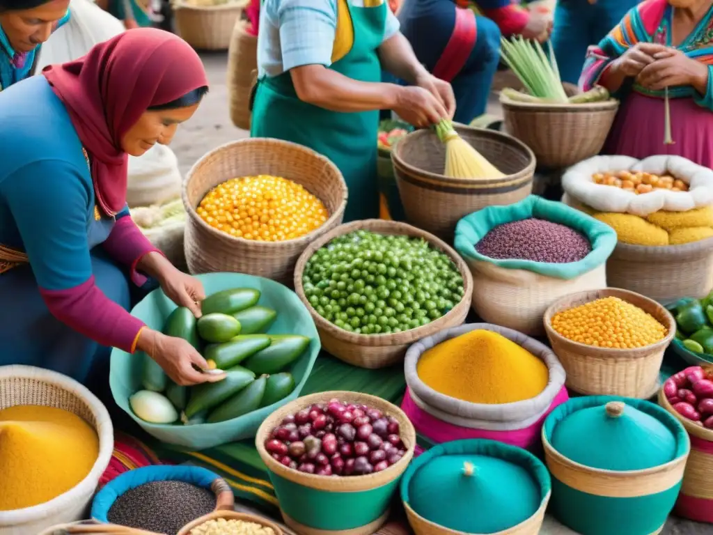 Vista detallada de un animado mercado peruano con ollucos en cestas tejidas