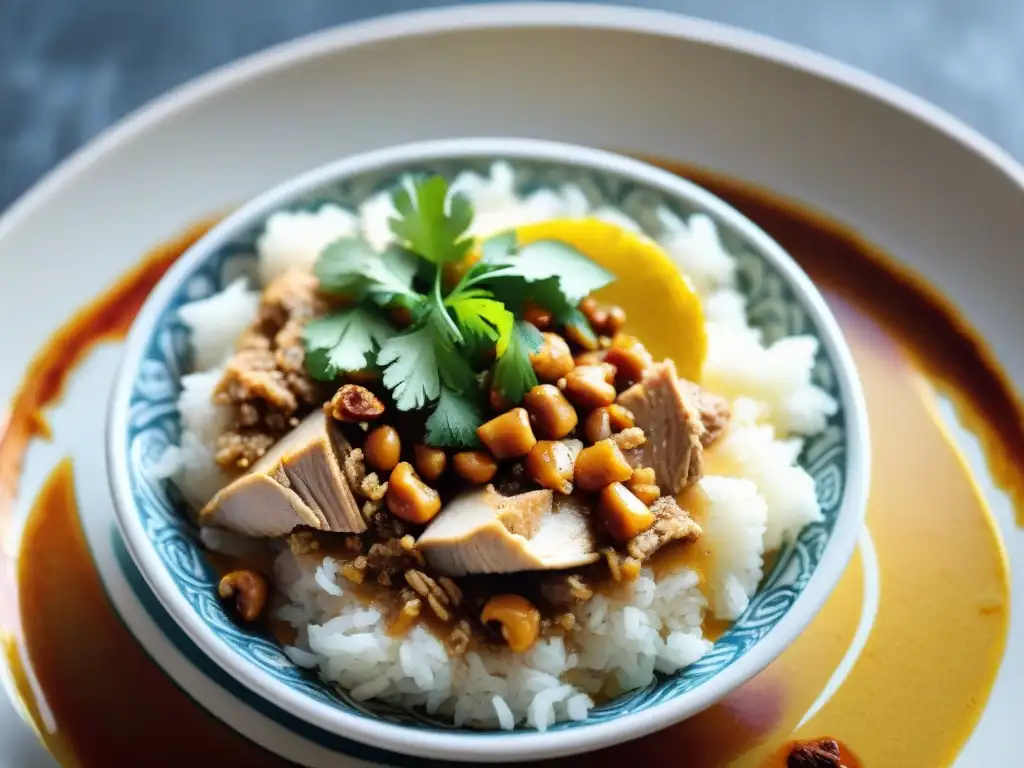 Delicioso Ají de Gallina: Detalle Cremoso y Colorido Una vista detallada de un bowl humeante de Ají de Gallina, resaltando su cremosidad y colorido