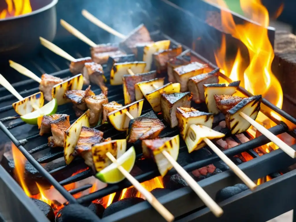 Una vista detallada de brochetas de tripa marinada asándose a la parrilla, resaltando los sabores y colores de la Receta de Tripa Mishqui Peruana