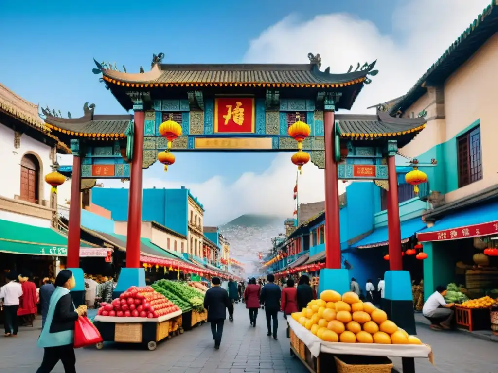 Vista detallada de la bulliciosa Chinatown de Lima, fusionando elementos culturales chinos y peruanos en la historia chifa cocina peruana