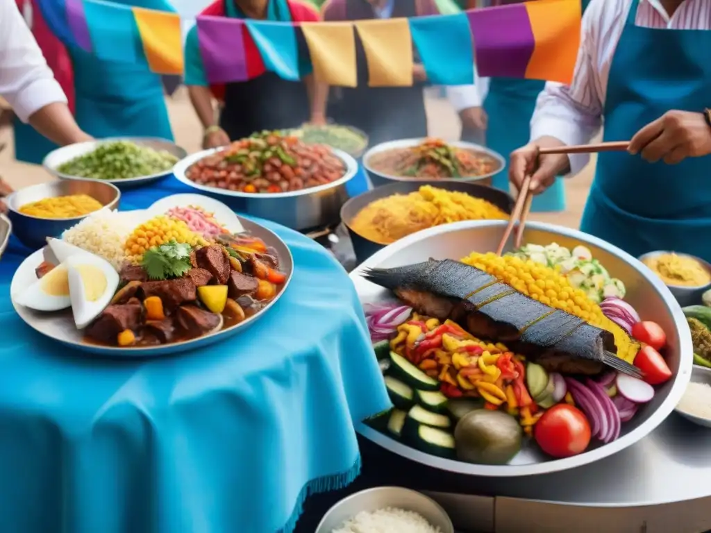 Vista detallada de una bulliciosa feria gastronómica peruana con coloridos platos tradicionales y chefs preparando anticuchos