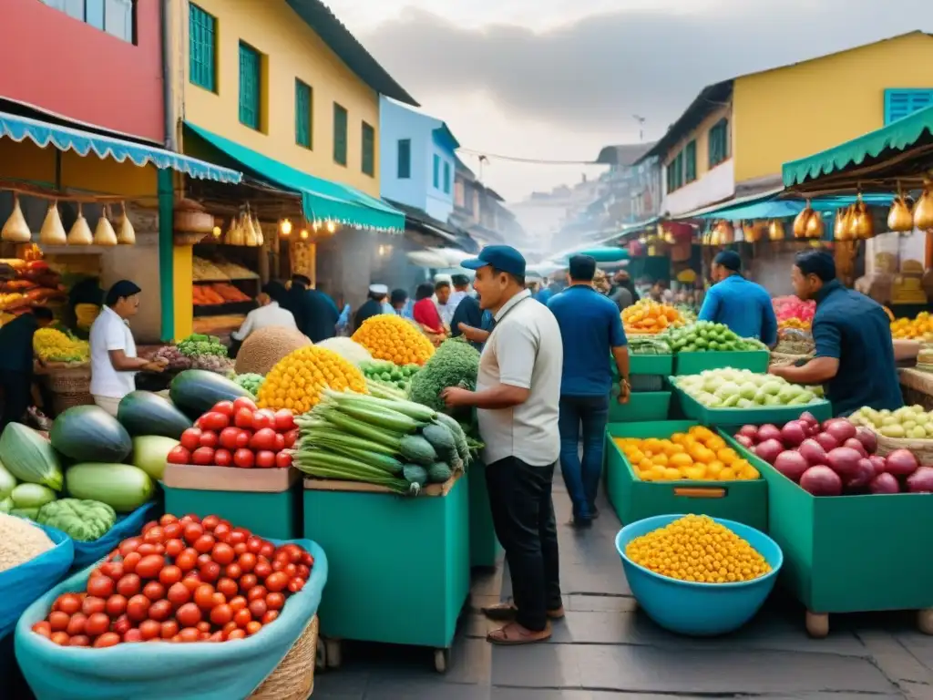 Vista detallada del bullicioso Mercado Surquillo en Lima, Perú, con diversidad gastronómica y colores vibrantes