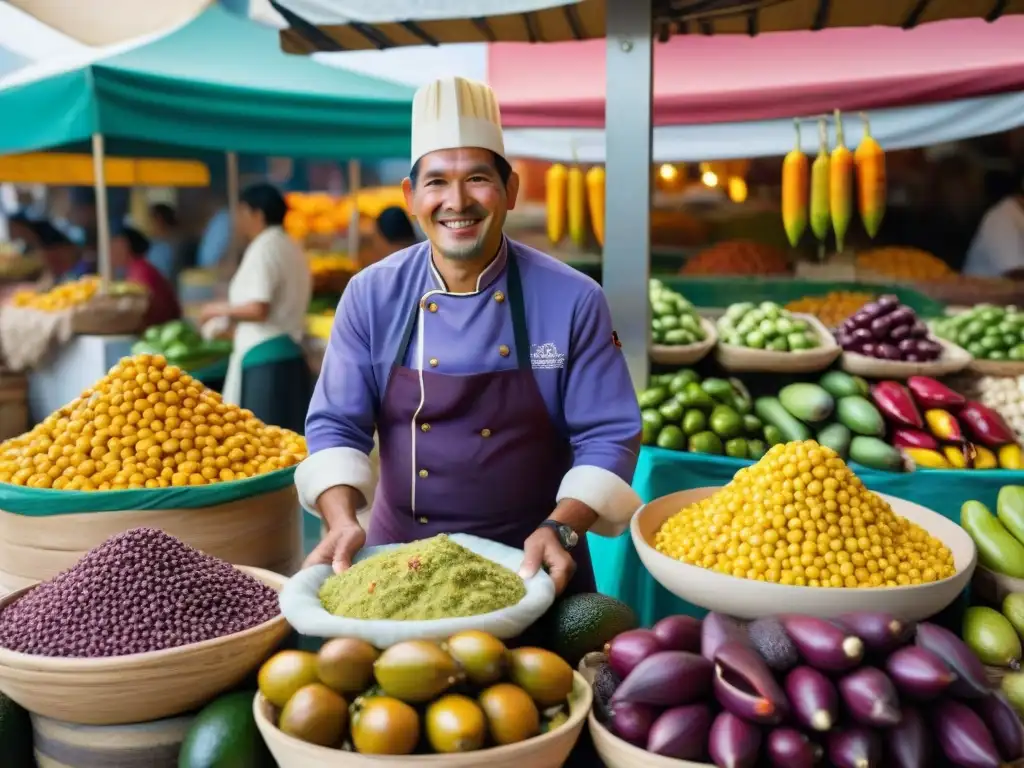 Vista detallada de un bullicioso mercado de alimentos peruano, destacando colores vibrantes de productos frescos y vendedores locales sonrientes