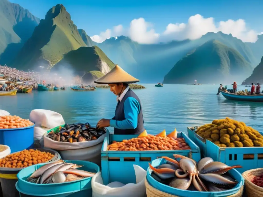 Vista detallada de un bullicioso mercado de pescado peruano con pescadores y variedad de mariscos frescos