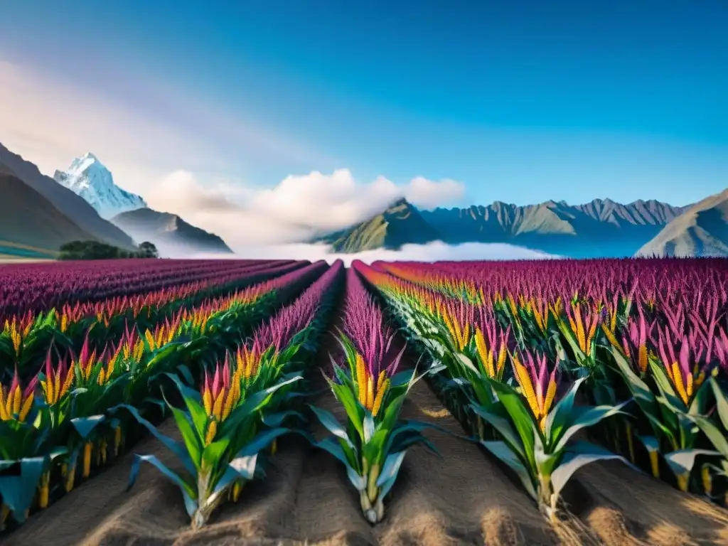 Vista detallada de un campo de maíz morado en los Andes peruanos, resaltando la importancia de preservación cultural maíz morado