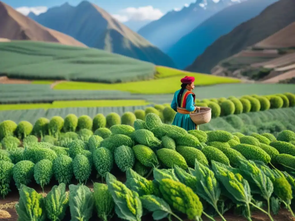 Vista detallada de campo de quinua en Perú, con agricultores indígenas cosechando bajo el cielo azul