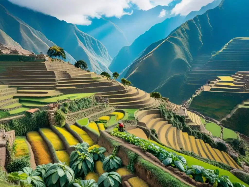 Vista detallada de campos incas con papas en Perú, resalta la importancia de la papa en Perú