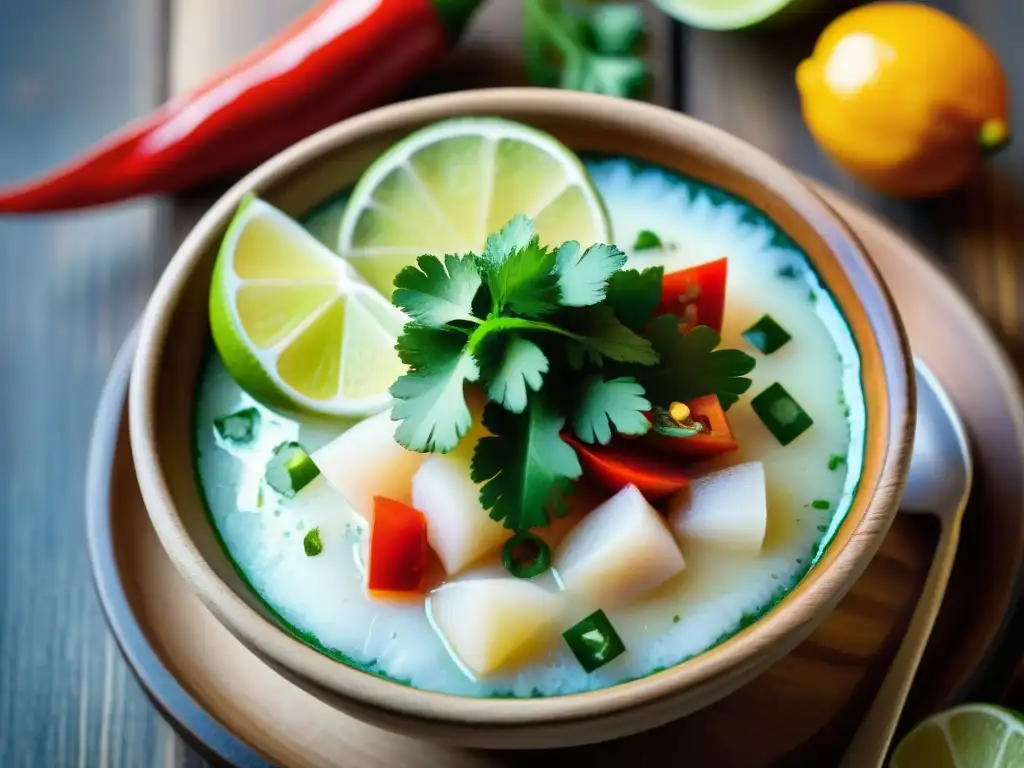 Una vista detallada de un ceviche peruano en un tazón de cerámica, decorado con cilantro, ají y limón, sobre una mesa rústica