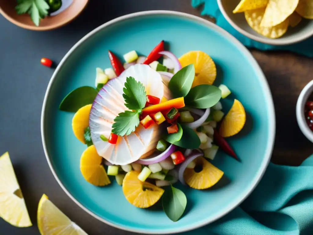 Una vista detallada de un ceviche recién preparado, resaltando sus ingredientes frescos y coloridos